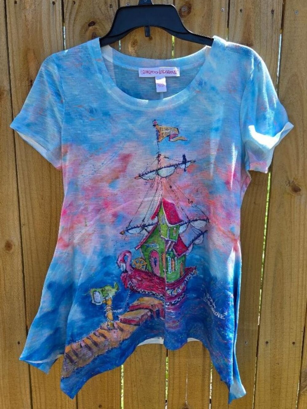 Leoma Lovegrove Women's Medium Graphic Art T-Shirt Colorful Tropical Florida Tee